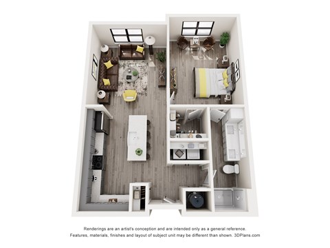 Floor plan for 1 bed, 1 bath, 897 sqft